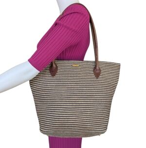 Eric Javits Black and Brown Striped Straw Tote